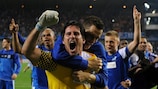 László Köteles celebra su éxito en la tanda de penaltis ante el Haifa