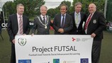 UEFA President Michel Platini (centre) with project manager Derek O'Neill, councillor John Ryan, FAI chief executive John Delaney and WFT president Trefor Lloyd Hughes