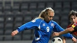 Margrét Lára Vidarsdóttir (left) in action for Iceland against Belgium