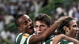 Os jogadores do Sporting festejam um dos golos na vitória de 2-1 sobre a Lázio, na segunda jornada