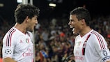 Milan goalscorers Thiago Silva and Pato celebrate in Barcelona
