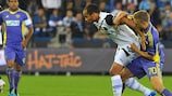 Club Brugge goalscorer Vadis Odjidja shields the ball from Maribor's Aleš Mertelj