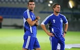 Dynamo's Andriy Shevchenko (left) and assistant coach Serhiy Rebrov in training