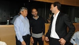 Mircea Lucescu, Josep Guardiola and Massimiliano Allegri chat at the forum in Nyon