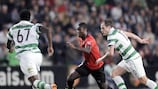 Rennes' Alexander Tettey (centre) runs at Anthony Stokes (right) and Victor Wanyama of Celtic in 2011