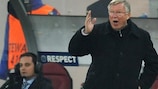 Sir Alex Ferguson gestures during the match against Oţelul