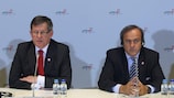 Polish sports minister Adam Giersz and UEFA President Michel Platini face the media in Krakow