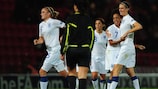 Jill Scott (right) congratulates Jessica Clarke on putting England ahead against Serbia