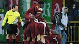 Rubin players rejoice after the only goal