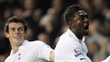 Gareth Bale looks on as Emmanuel Adebayor celebrates Spurs' opening goal