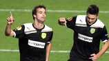 AEK Larnaca goalscorers Gonzalo García and Gorka Pintado celebrate