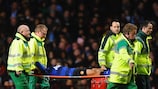 United's Javier Hernández is carried from the Villa Park pitch on a stretcher