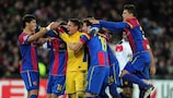 Basel celebrate claiming the scalp of Manchester United last season
