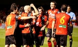 Mirandés players celebrate reaching the Copa del Rey quarter-finals for the first time