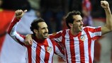 Juanfran et Diego Godín (à d.) après l'ouverture du score de l'Atlético contre la Lazio