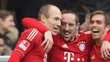 Franck Ribéry (centre) and Philipp Lahm (right) celebrate with Arjen Robben during Bayern's rout of Basel