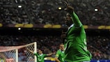 Hannover's Mame Diouf celebrates his goal at Atlético last week