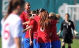Serbia celebrate their first goal against Denmark