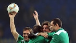 Sporting celebrate with coach Ricardo Sá Pinto (2nd R) at full time