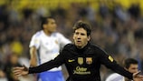 Lionel Messi celebrates the first of his two goals at La Romareda