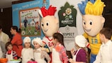 Mascots Slavek and Slavko joined in the fun with children at the launch ceremony