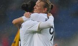 Alexandra Popp (right) celebrates with Dzsenifer Marozsán after scoring against Romania