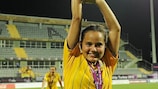 Sweden's Malin Diaz lifts the trophy aloft