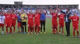Футболисты "Челика" празднуют победу над "Борацом" по голам на выезде