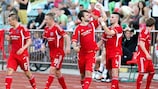 Ekranas celebrate Marko Andjelković's (centre) first-half goal in their victory against Shamrock Rovers