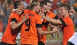 Liberec players celebrate their decisive strike