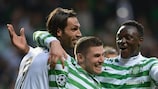 Goals from Gary Hooper (C) and Victor Wanyama (R) helped Celtic to a 4-0 aggregate win