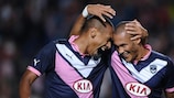 Jussiê (left) celebrates with Yoan Gouffran after scoring Bordeaux's fourth