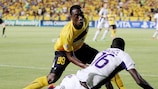 AEL's Vouho gets in a tangle with Cheikhou Kouyaté during the first-leg win over Anderlecht