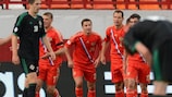 Viktor Fayzulin (centre) is congratulated by team-mates after putting Russia ahead