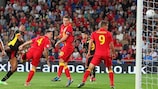 Belgium captain Vincent Kompany heads in a Dries Mertens corner
