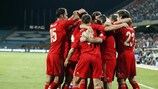 Russia celebrate one of their four goals against Israel