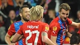 Michal Ďuriš is mobbed by his team-mates after scoring for Plzeň