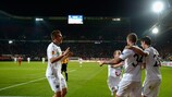Konstantin Rausch enjoys Hannover's equaliser against Twente