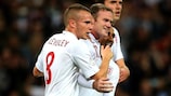 Wayne Rooney is congratulated after scoring against San Marino