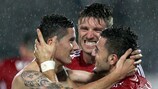 Albania players celebrate Odise Roshi's (L) first-half strike