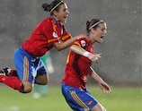 Verónica Boquete and Adriana celebrate during Spain's 3-2 win against Scotland