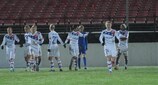 Lyon celebrate one of their nine goals