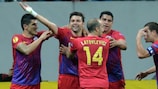Steaua's Raul Rusescu (second left) takes the plaudits after scoring on matchday three