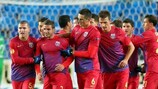 Alexandru Chipciu (third left) is congratulated after his goal