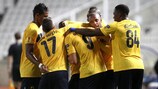 AEL players congratulate Orlando Sá (centre) after his opening goal