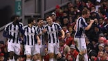 Gareth McAuley (right) celebrates after putting West Brom 1-0 up at Anfield
