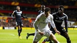 Spurs' Gareth Bale, monitored by Lyon goalscorer Samuel Umtiti