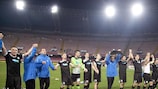 Plzeň players celebrate their unlikely victory in Naples