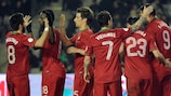 Portugal players celebrate their vital win in Azerbaijan