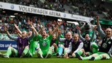Wolfsburg celebrate their semi-final victory against Arsenal